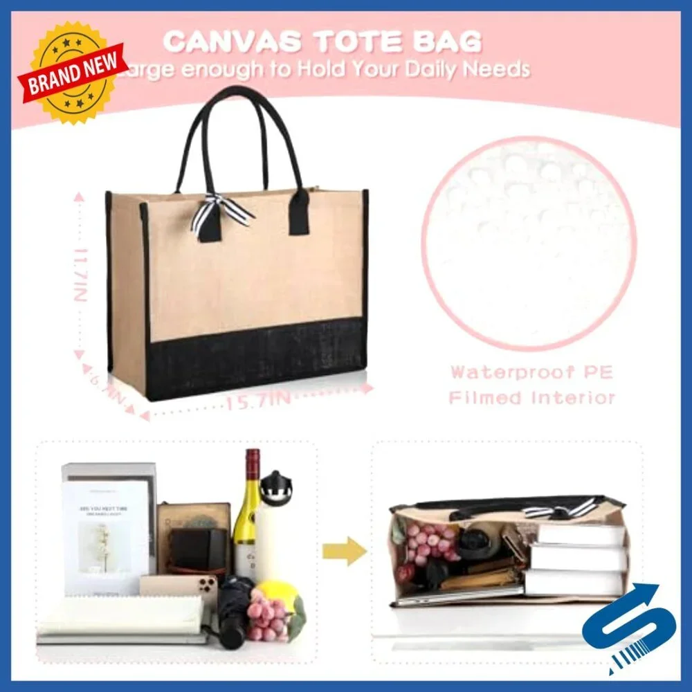 Large Jute Tote Bags Set Reusable Burlap Beach Shopping Grocery DIY Gift